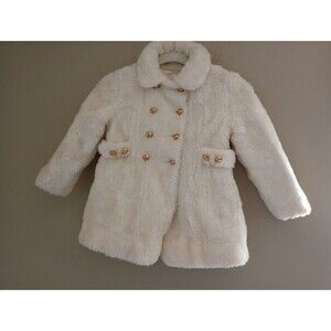 VINTAGE Union Made Cream Color Faux Fur Pea Coat Golden Buttons Size Unknown